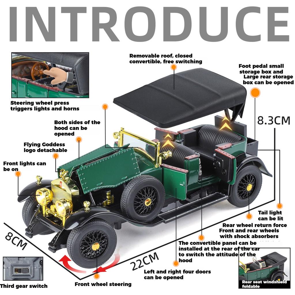 1:24 Rolls Royce Phantom I 1925 Luxury Car Alloy Metal Diecast Model Car Sound And Light Home Decoration Ornaments Classic Retro