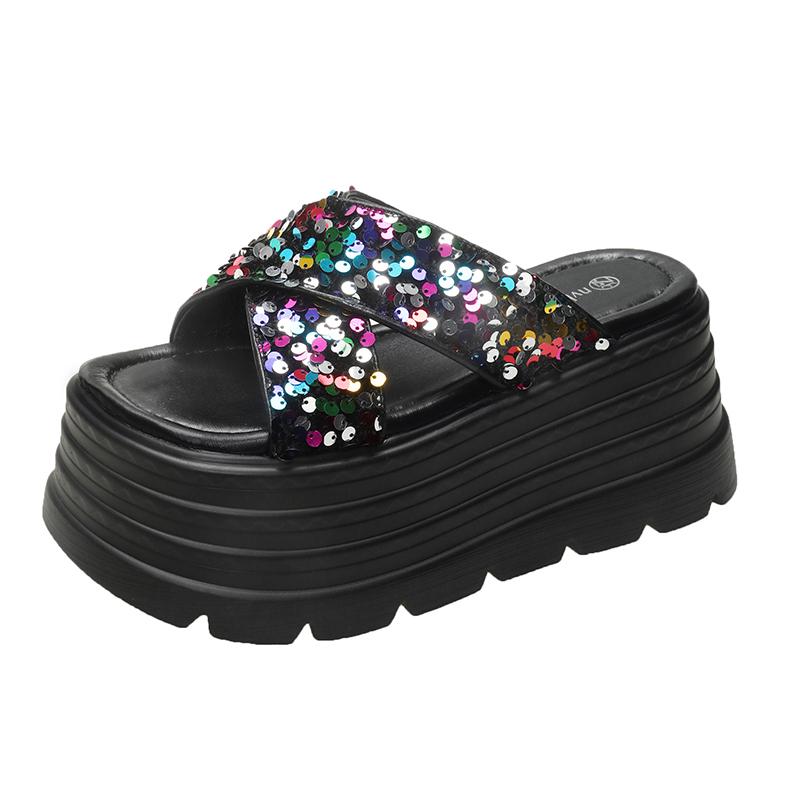 Aphixta Platform Sequined Cloth Sandals Slippers 8cm High Heels Women Slides Summer Beach Shoes For Woman