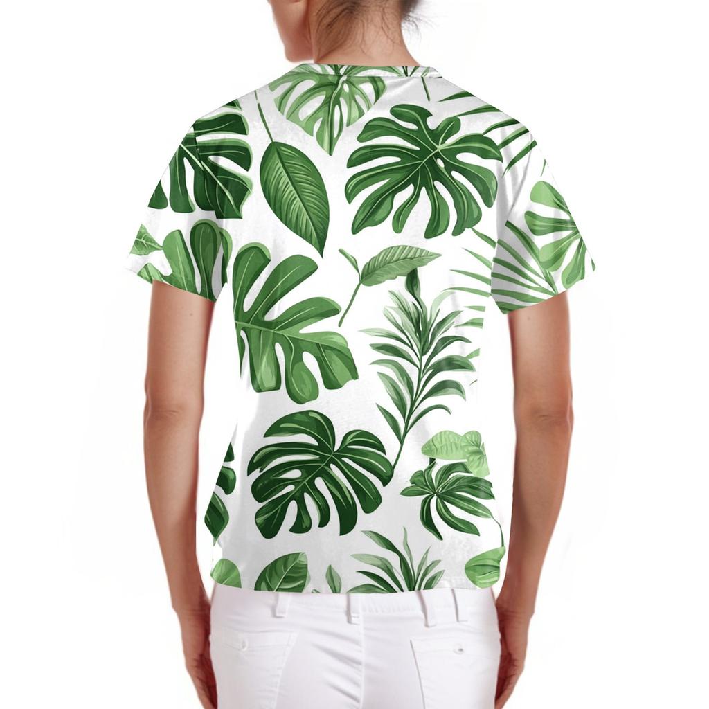 Damenmode V-Ausschnitt Kurzarm Arbeitskleidung mit Tasche Hawaii-Print Oberteil Pflegeranzug
