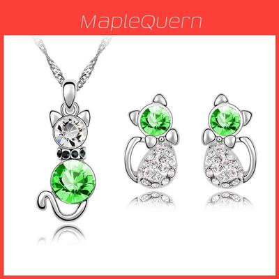 3pcs Crystal Cat Shaped Necklace Earrings Jewelry Set Gift Teen Girls For Women