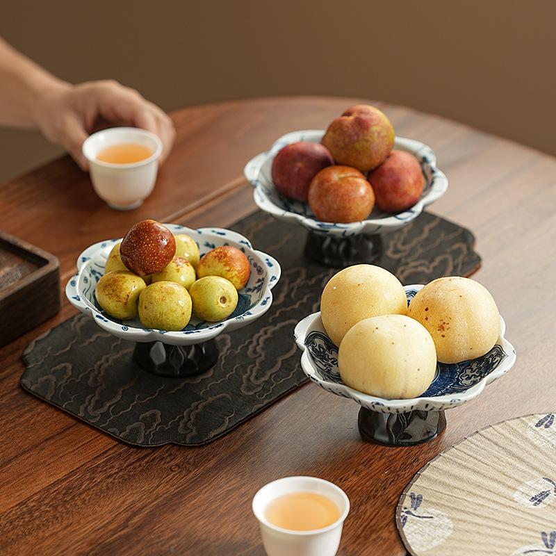 Blue and White Porcelain High Foot Dessert Plate Creative Ceramic Fruit Tray for Tea Room Dry Nuts Snacks Serving Tray