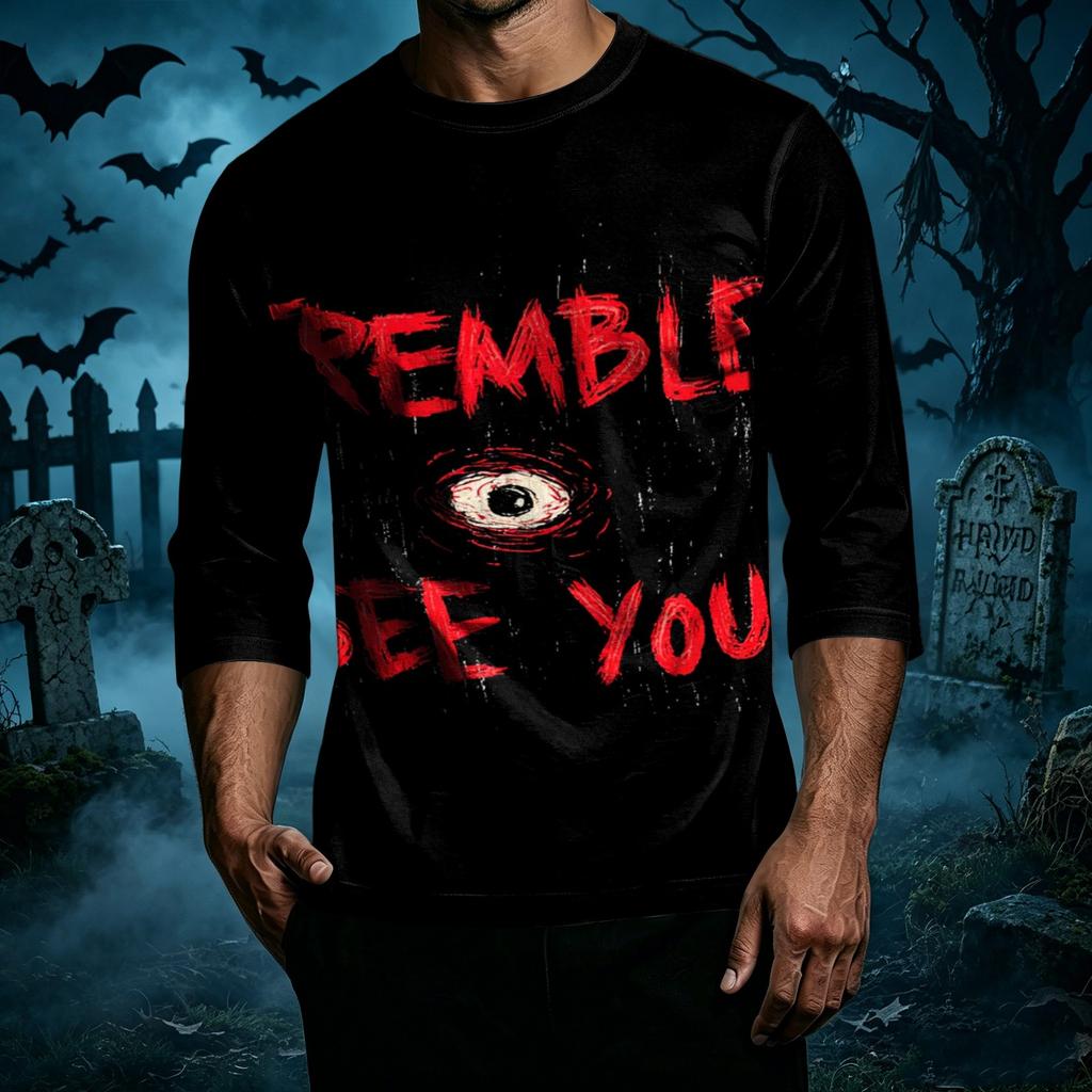 Men Casual Halloween Printed Crew Neck Three Quarter Sleeve T Shirt Comfortable Fit Soft Fabric Novelty Top for Holiday