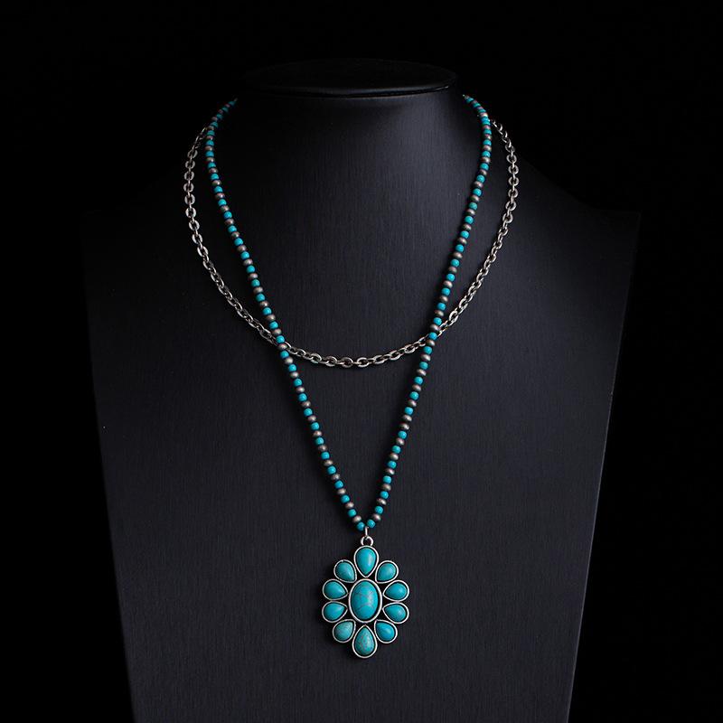 Bohemian Retro Ethnic Style Turquoise Necklace Female Western Denim Style Multi-Layered Wearing High-End Sweater Chain