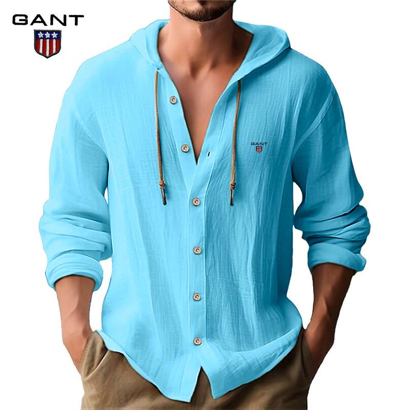 Gant Embroidery Men's Solid Color Casual Long Sleeved Shirt Hooded Drawstring Cotton and Linen Cardigan Trendy Versatile Loose Beach T-shirt