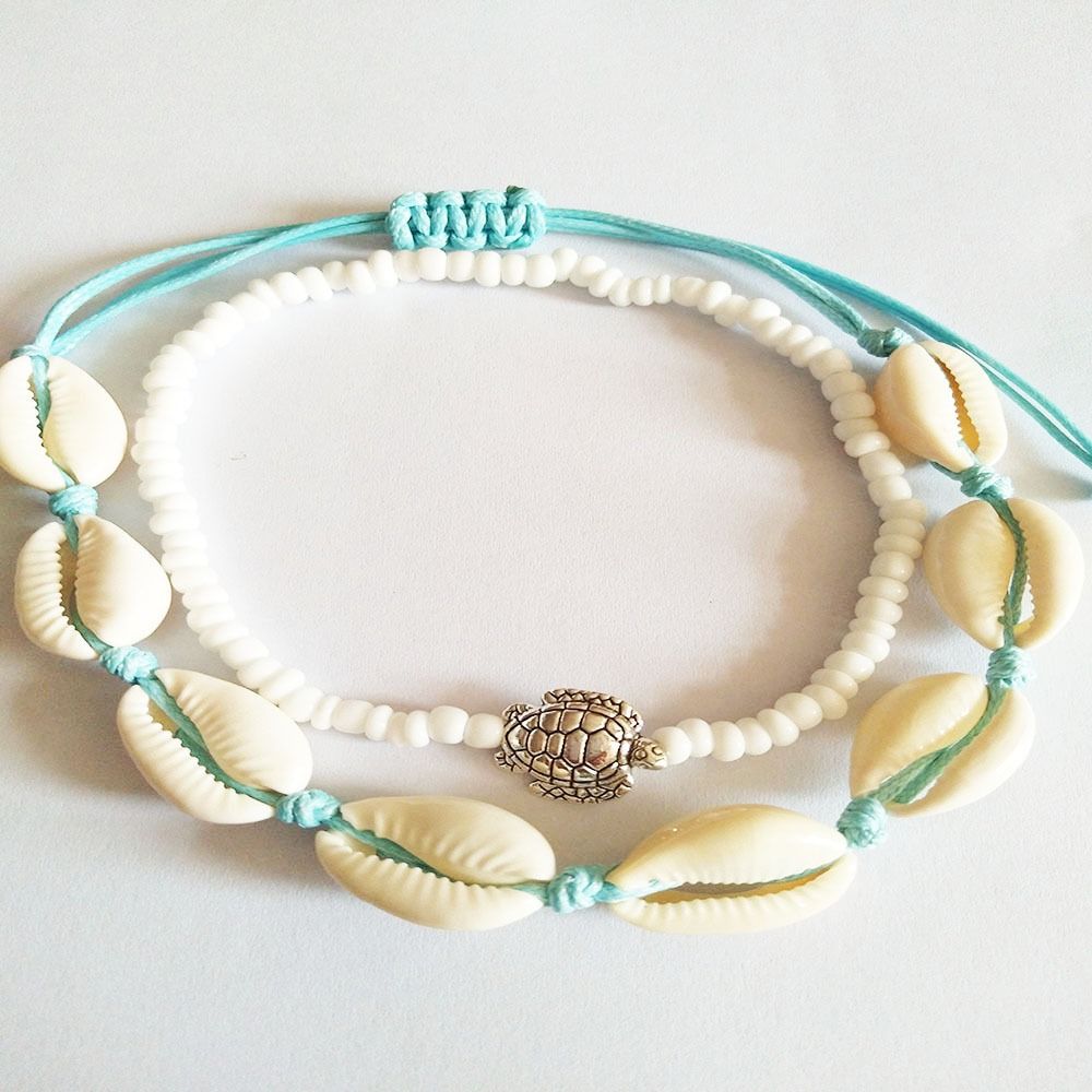 2PCS Shell Rice Beads Anklets Set Zinc Zinc Alloy  Vintage   Girl