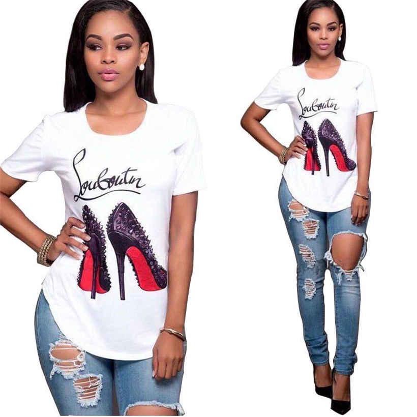 

Loose White Tops Letter Printed Bottom Shirt Women High Heeled T-shirt with Round Neck 4XL