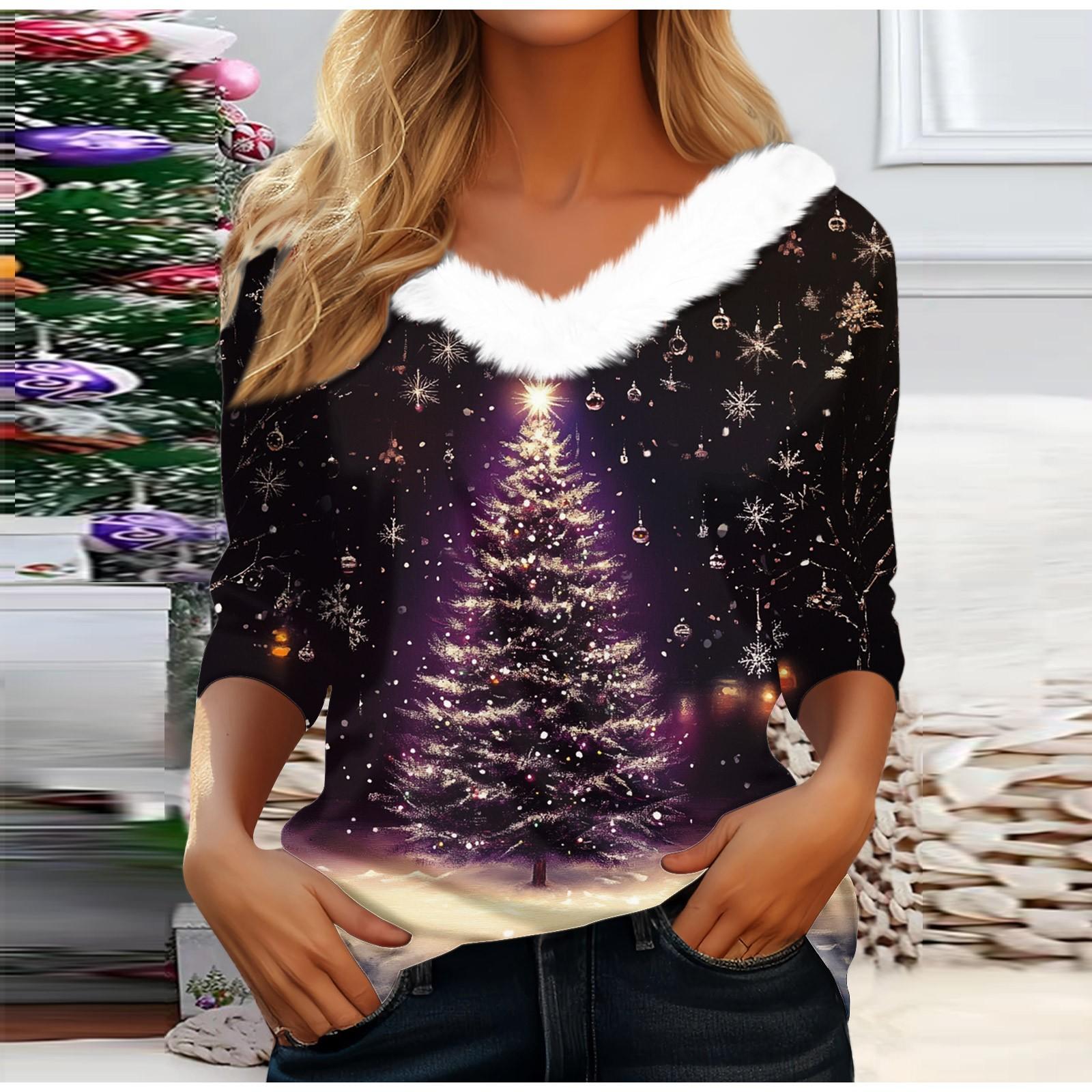 

Рубашки с длинным рукавом для женщин Милые топы Рождественские принты Футболки Блузки Повседневные топы больших размеров Базовые топы Пуловеры M