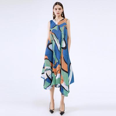 Frilly Dress Woman Hit Color Print Irregular Design With Sashes Slim High Waist Dresses Sleeveless Summer Clothing