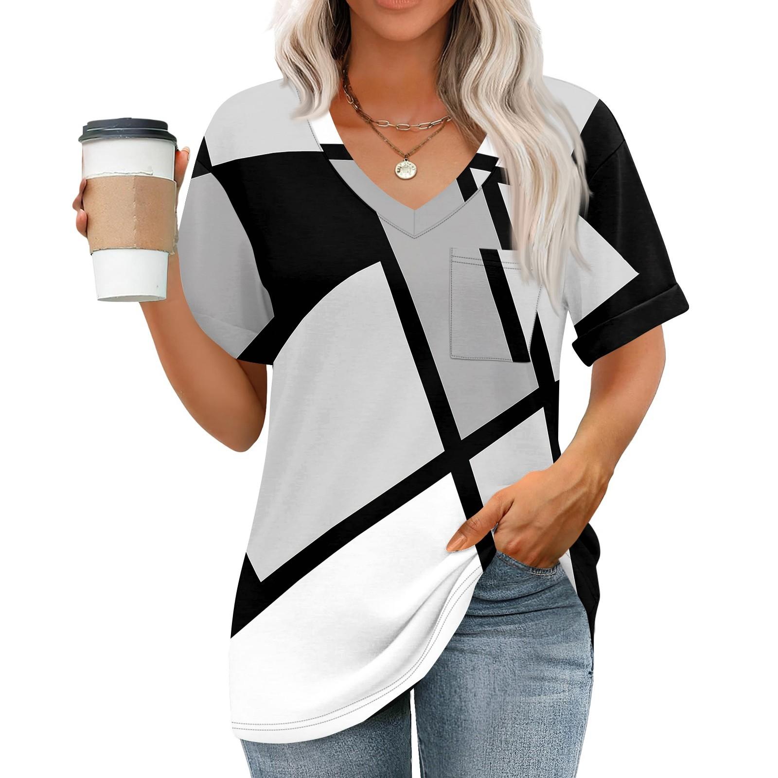 

Жіночі топи з V-подібним вирізом і короткими рукавами, повсякденні модні туніки з принтом і кишенями XL