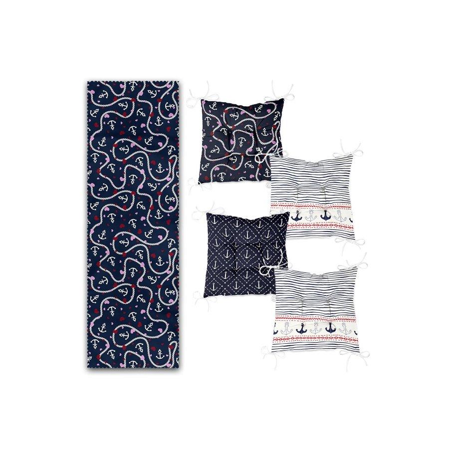 Set de perne pentru scaune cu imprimare digitală Sailor Concept / 4 piese perne pătrate pentru scaune 40×40cm și 1 bucată