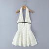 White Polka Dot Halter V-Neck A-Line Dress with Cutout Waist
