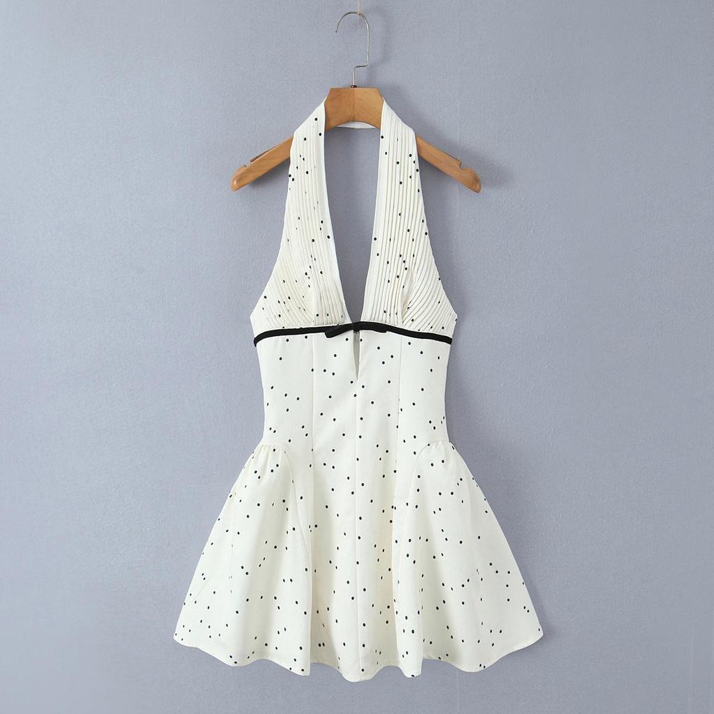 White Polka Dot Halter V-Neck A-Line Dress with Cutout Waist