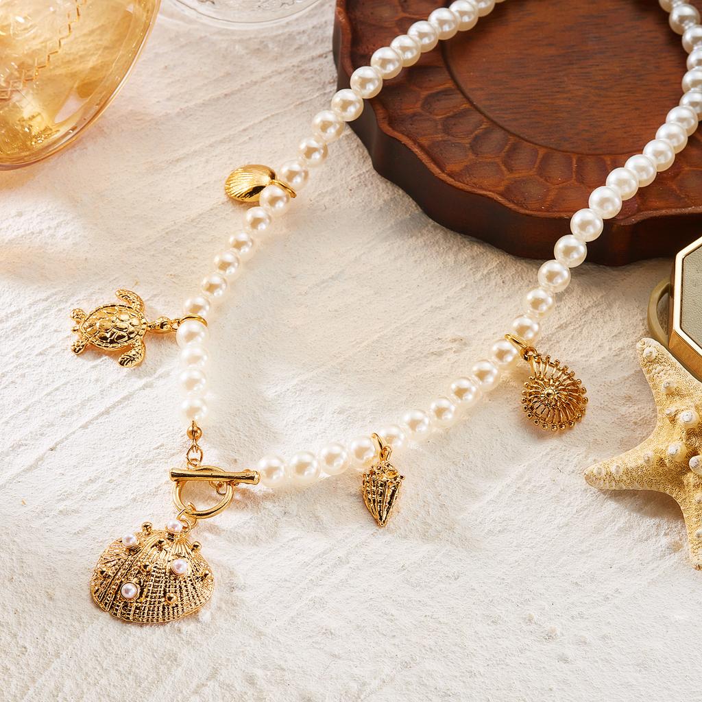 Bohemia Irregular Imitation Pearl Chain Necklace for Women Summer Beach OT Buckle Starfish Shell Turtle Choker Beach Jewelry