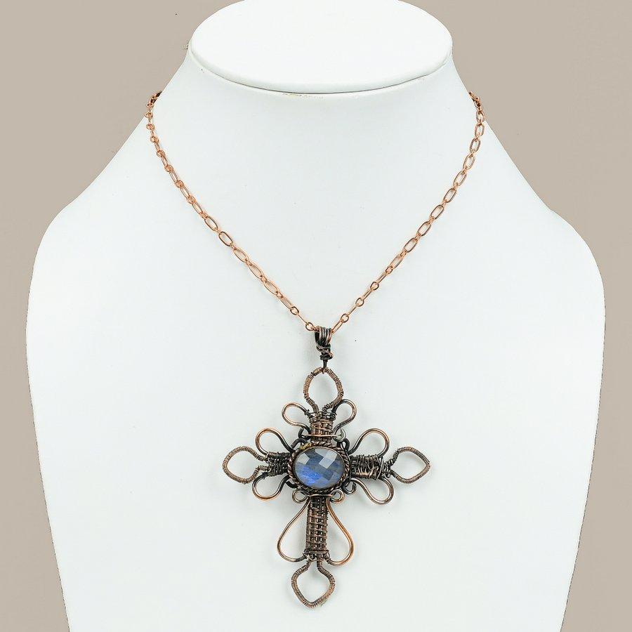 Piedra Preciosa Labradorita Natural Hecho a Mano Envoltura de Alambre de Cobre Colgante 3.59" s3v41