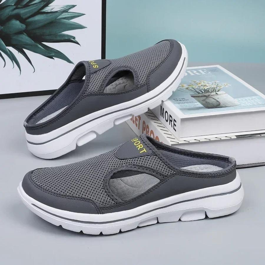 Men Slippers Breathable Mesh Casual Flat Shoes Outdoor Home Lightweigh Solid Slip On Couple Shoes Walking Sport Sandals2025