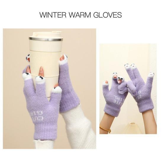 1 Pair Warm Plush Gloves Cutout Finger Tips Thick Plush Funny Cartoon Face Knitted Soft Elastic Anti-slip Warm Touch Screen Cycling Gloves