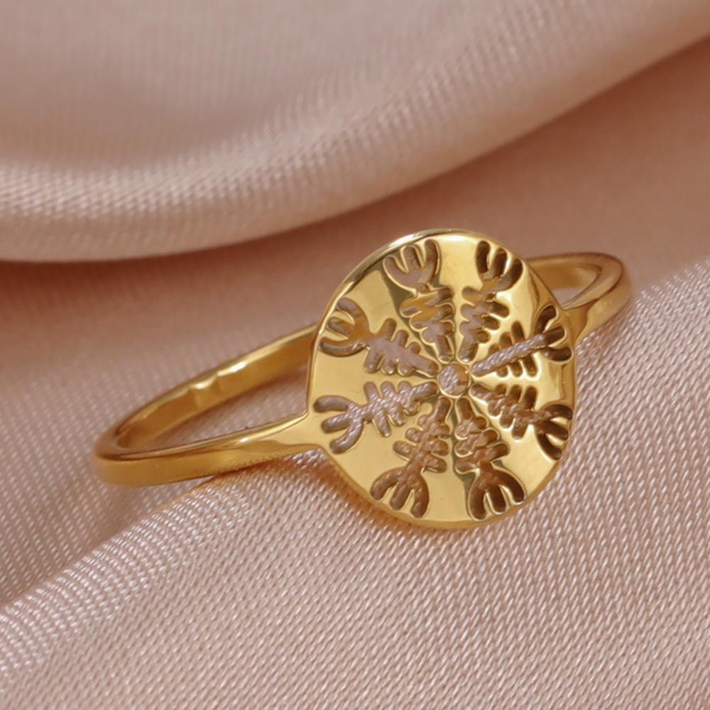 Viking Aegishjalmur Helm of Awe Ring Norse Vegvisir Compass Stainless Steel Cut Out Scandinavian Jewelry