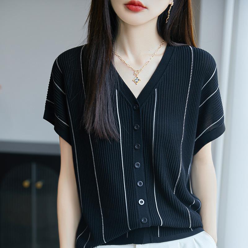 Women Summer Tencel Mulberry Silk Short Sleeve Cardigan Ice Silk Loose Fashion Casual Blouse S чёрный