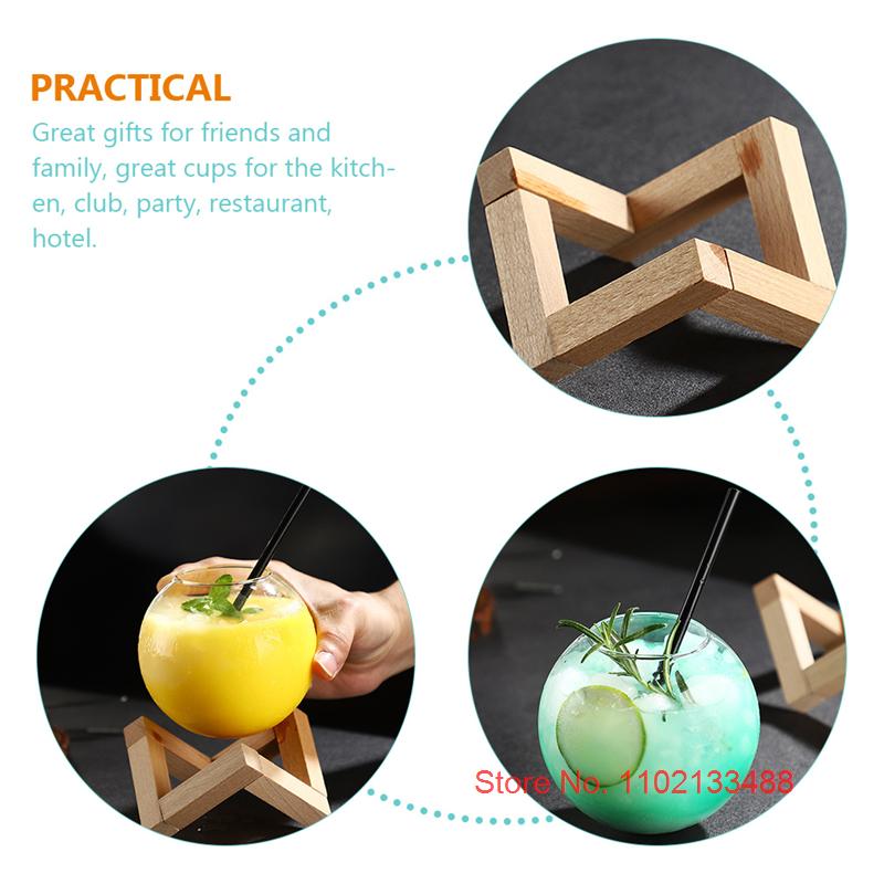 475ml Clear Moon Cocktail Glass With Wood Stand Unique Shape Bar Glassware Drum Drink Cup Ronud Ball Cocktail Cup Smoothie Bowl
