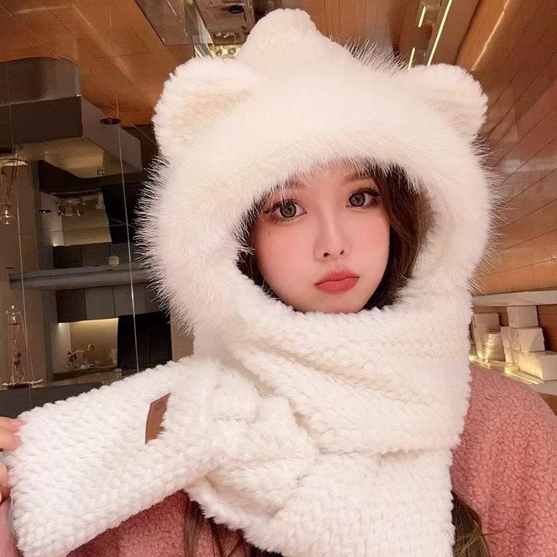 Sombrero de Peluche con Orejas de Conejo y Bufanda Para Mujer Estilo Invierno Lindo Grueso Cálido Protector de Orejas Sombrero Lei Feng