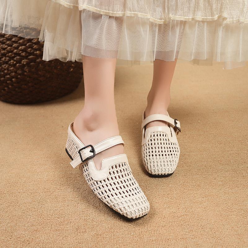 New Fashion Mesh Slippers Design Sandals for Women Square Toe Wedge Heel 5.5cm Belt Buckle Slip On Mules Leisure Shoes