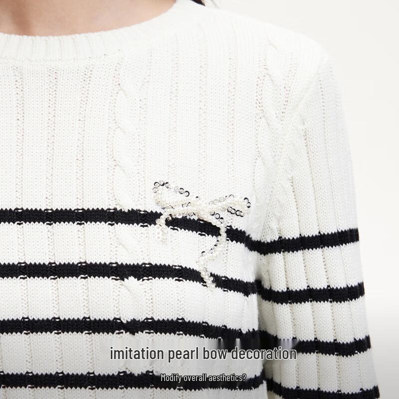 Veromoda 2025 Spring Striped Round Neck Knit Sweater with Faux Pearl Embellishment