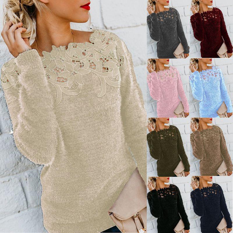 Cozy Women's Autumn Winter Fleece Sweater Tops With Elegant Lace Design For Style