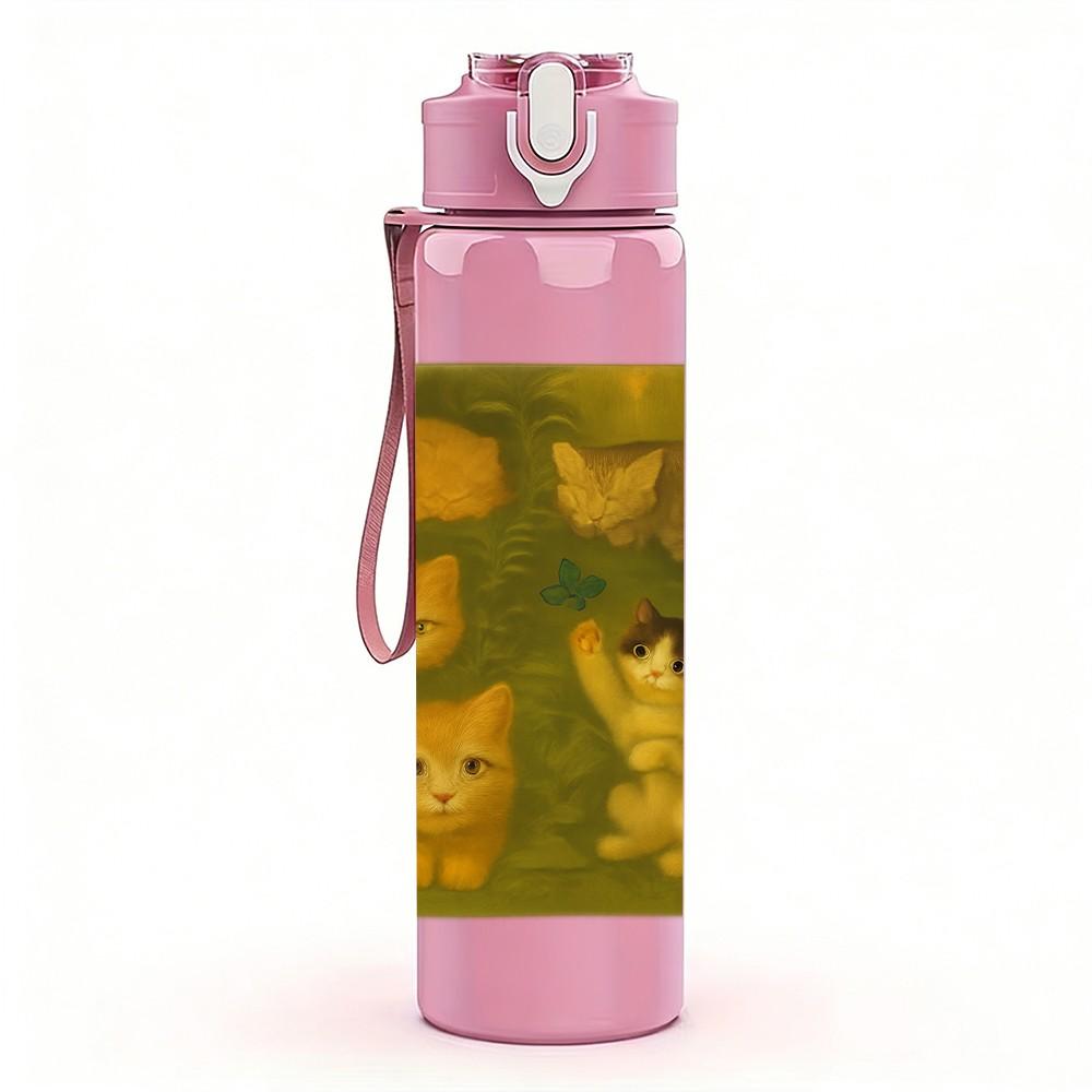 1PC Three Kittens Square Frame Art 750ml Color Plastic Sports Water Bottle Leakproof Flip Straw Lid Suitable for Sports Office Home Use