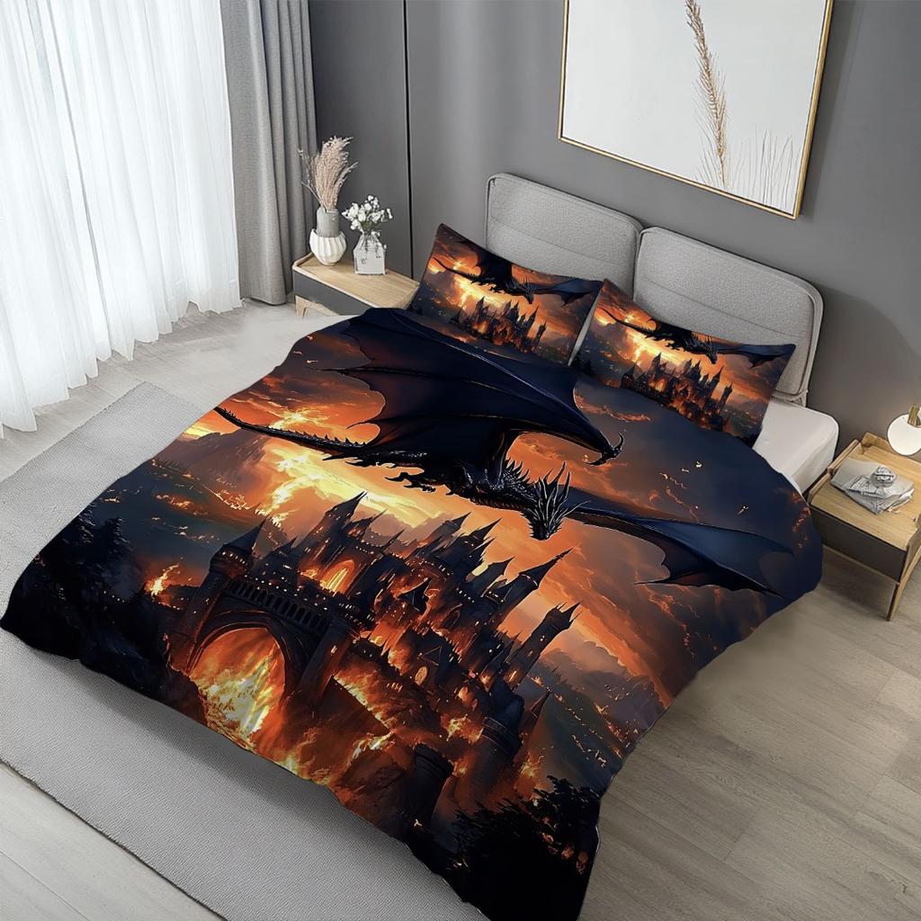 3pcs Spitfire Dragon Castle 3D Printed Bedding Set Comfortable Duvet Cover King Queen Twin Size Birthday Gift Bedroom Decoration