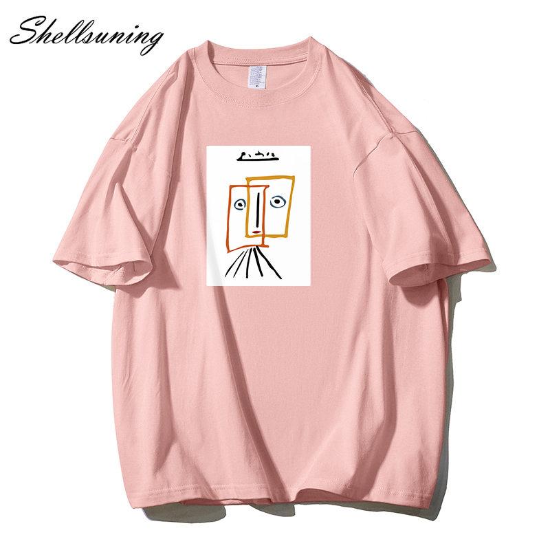 Shellsuning Cartoon Printing T-shirt Women Summer Fashion Casual Simple Short Sleeve 100% Cotton Soft Tees Female Oversized Basic Couple Tops