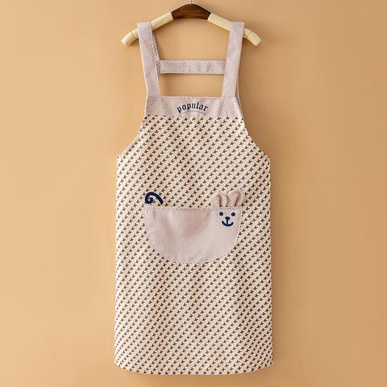 Plaid Bib Apron with Rabbit Embroidery Pocket Waterproof Oil-Proof Kitchen Apron for Cooking Baking