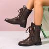 Fashion Lace-Up Front Block Heel Single Boots Women's Fashion Round Toe Spliced Soft Sole Anti-Slip Wear-Resistant Short Shoe
