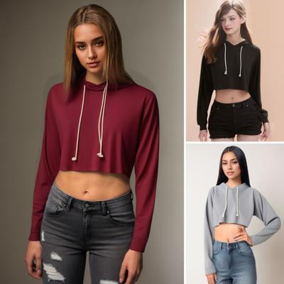 Felpa con cappuccio da donna per autunno e primavera, con coulisse, vestibilità larga, tinta unita, con coulisse, polsini elasticizzati, lunghezza corta, pullover casual, top per uso quotidiano