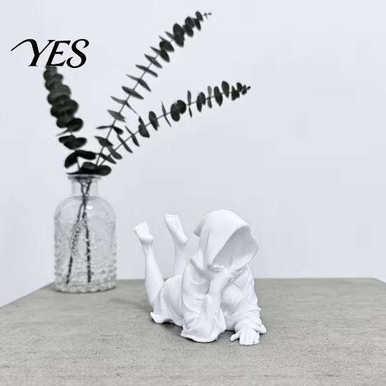 Niche Art Ornament 3D Printed Lying Robe Girl Statue, Modern Minimalist Hooded Home Decor Woman Desktop Decoration, Elegant Sculpture Gift Solid
