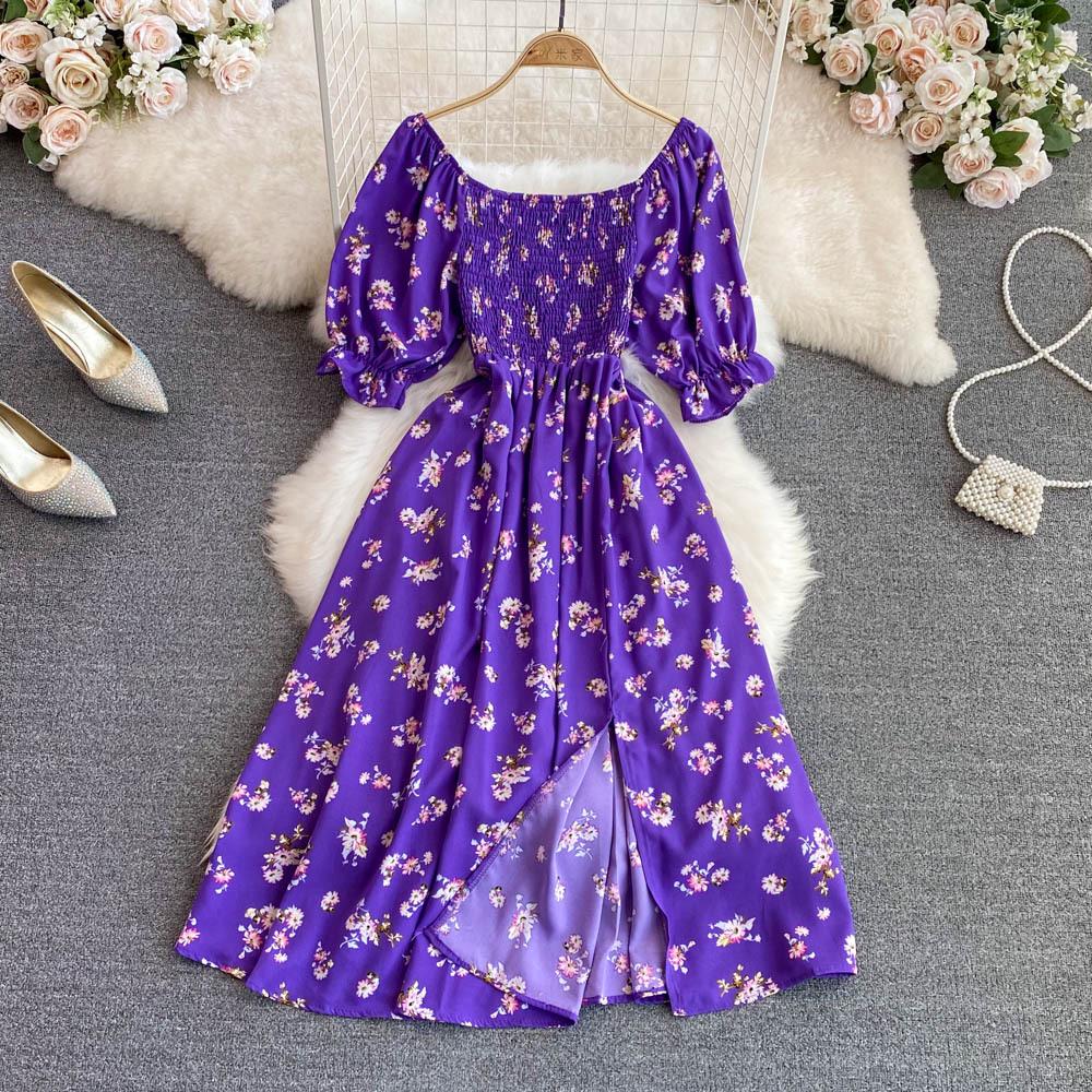 2022 Summer French Style Sweet Square Neck A-line Dress with Bubble Sleeves and Waist Slimming Slit