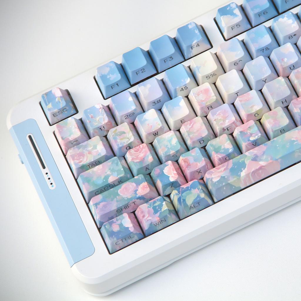 Rose Garden Keycaps 120Keys Ancient Oil Painting Style Blue Pink Gradient Smudge Side Engraved Translucent Original Pbt Keycaps