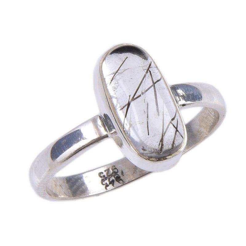 Bague en argent sterling massif 925, faite à la main, avec pierre précieuse naturelle en rutile noir, taille S.7 Y0r41