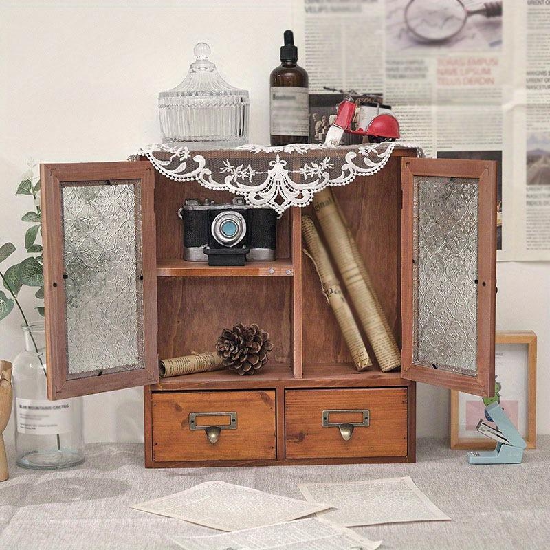 40*35*16cm1Stk. Vintage Doppeltür Kosmetik-&Souvenir-&Tassen Sortierschrank mit zwei Schubladen, nordischer Stil Haushalts-Holzschrank.