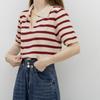 Striped Knitted Sweater Polo Collar Short Style All-match Short-sleeved T-shirt Women Xia Bingsi High-end Lapel Top Women