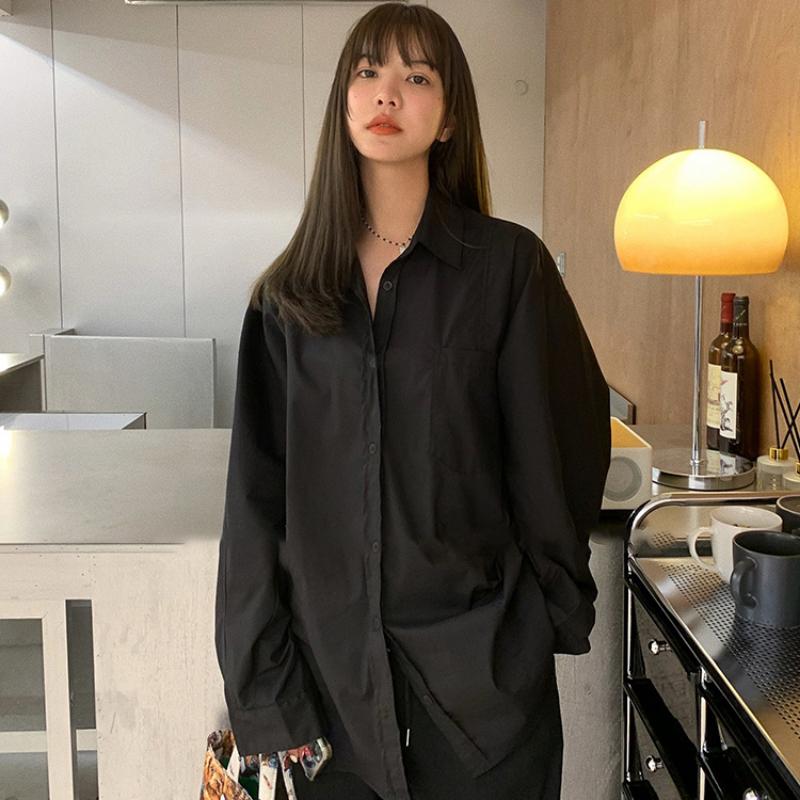 Women Blouses Basic Korean Fashion Long Sleeve White Black Shirts Oversized Streetwear Chic Female Cardigan All-match