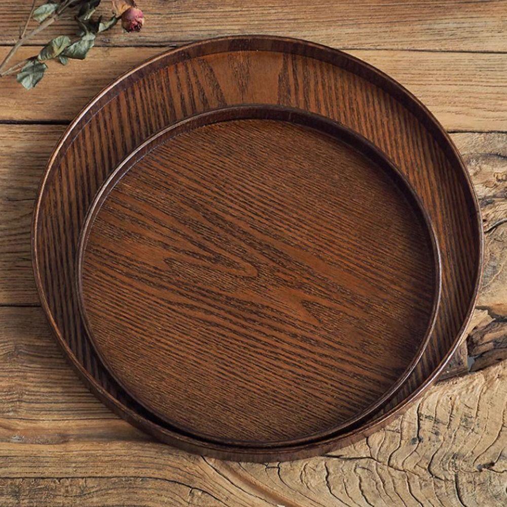 Vintage Round Serving Tray Wooden 21/24/27/30/33cm Decorative Tray Food Bread Pan Coffee Home Table