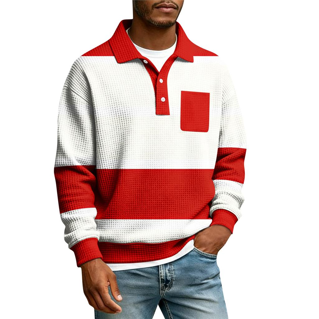 Men's Striped Single Breasted Long Sleeved Shirt With Collar And Pockets  Casual Sports T-shirt