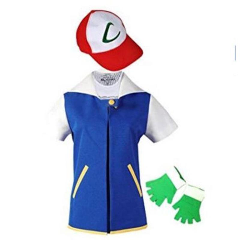 Pokemon Ash Ketchum Cosplay Kostüm Komplettset Erwachsene Jacke Handschuhe Hut Halloween Hohe Qualität Elastisches Weiches Polyestermaterial