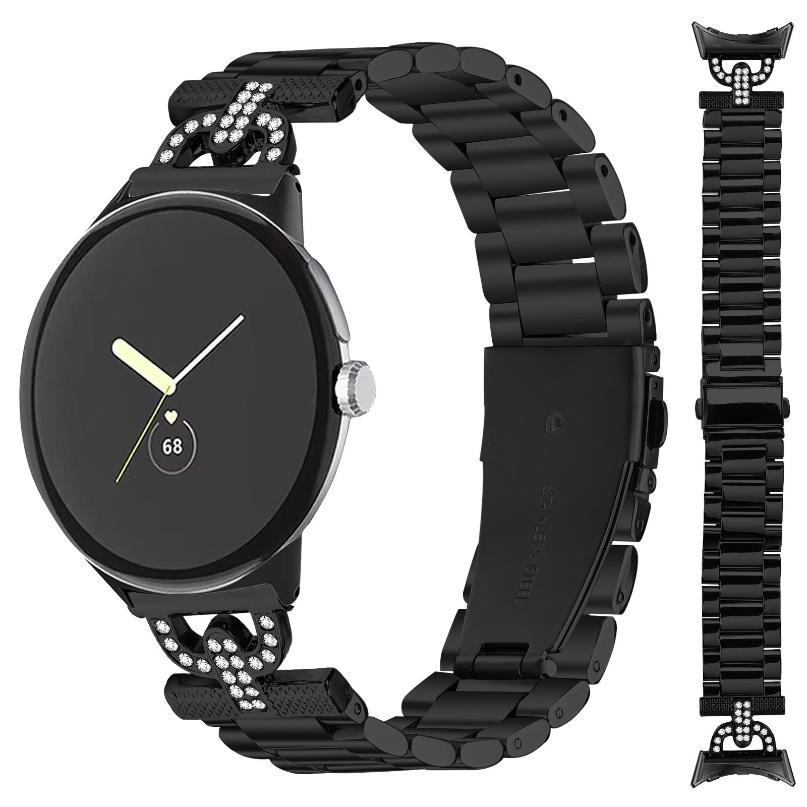

Colored Watch Strap for Google Pixel Watch 2/Watch D-Shape Rhinestones Decor 3-Bead Metal Band Black
