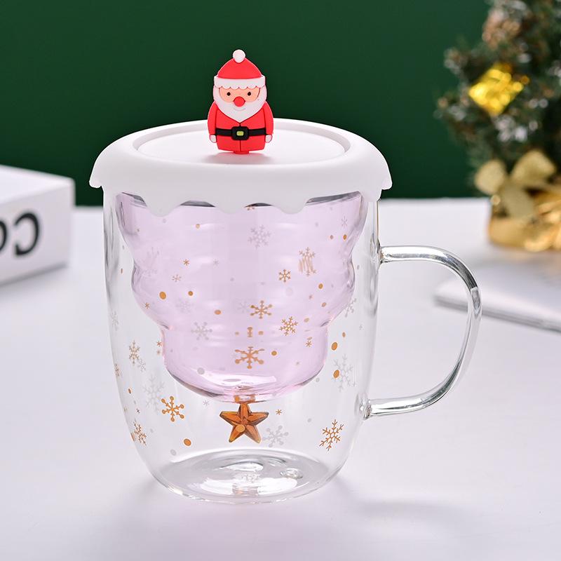 Double Layer Insulated Christmas Cup with Lid Coffee Cup High Borosilicate Glass Cup Wholesale with Handle Glass Decorative Cup