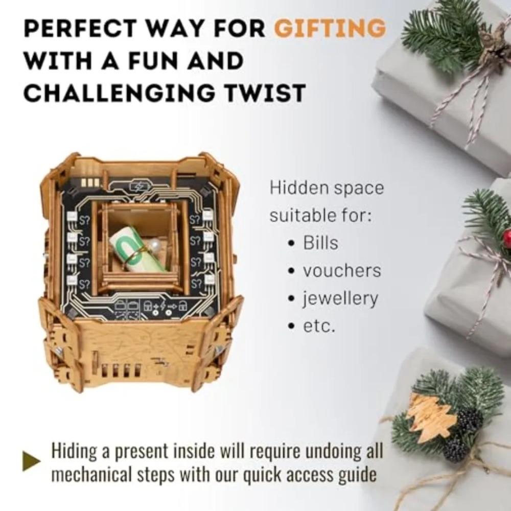 Escape room game in a box: 3D wooden puzzle box for adults, natural wood color, electronic brain teaser with hidden compartment