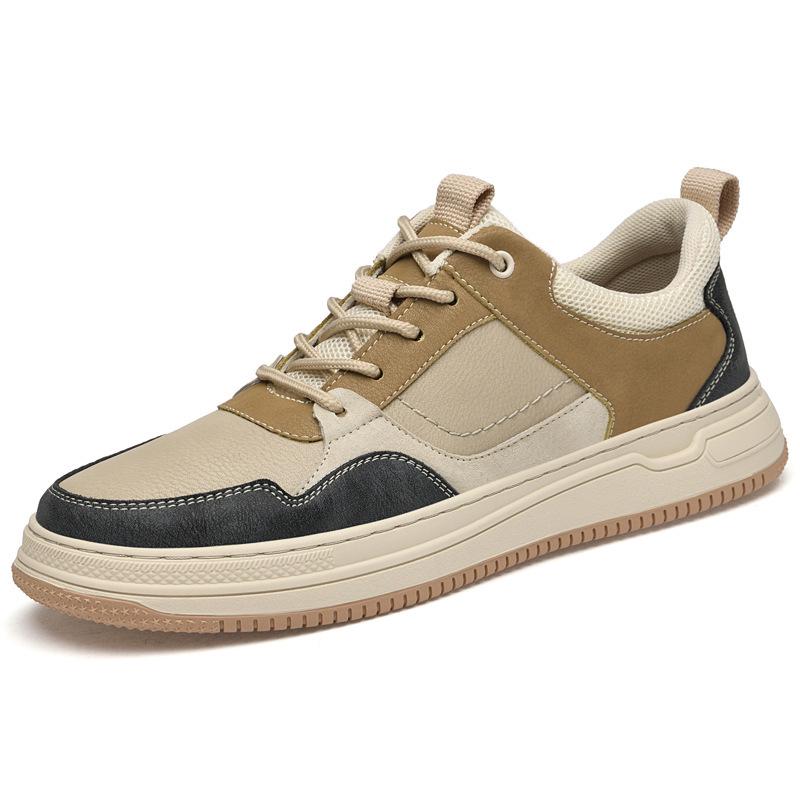 2032 Men's Handmade Flat Sole Cowhide Fashion Sneakers - Low-Top, Color Block, Large Size, Casual Spring/Autumn Trend