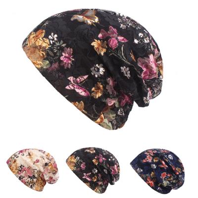 Ethnic Style Pullover Cap Women's Flower Print Cap Spring Autumn Skullies Beanies Sleeve Cap