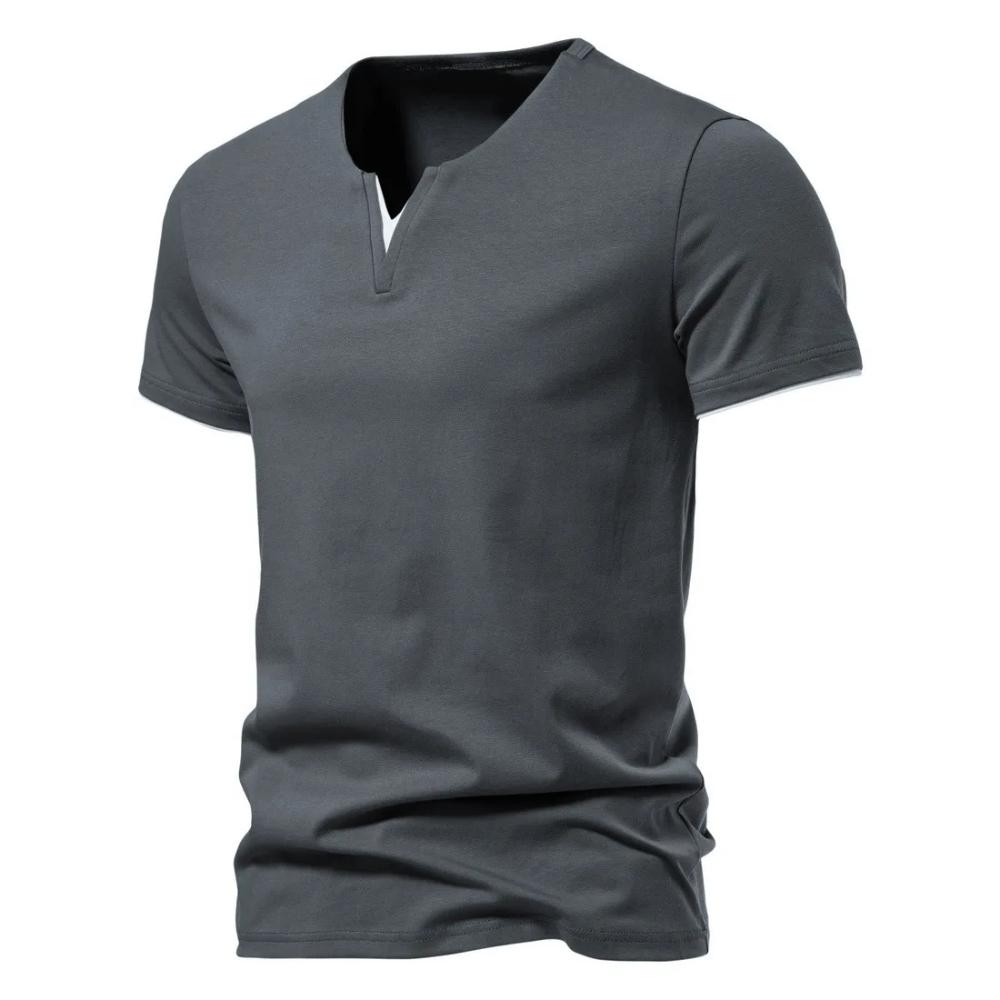 Summer Men's Solid Color CottonT-shirt V Neck Slim Fit Breathable Tops Casual  Cozy Tees Classic Male Dailywear