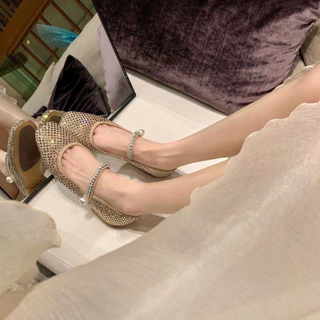 Full Diamond Air Mesh Ballerina Shoes Woman Square Toe Mary Janes Crystal Flats Ladies Brides Wedding Loafers Dance Ballet Shoes